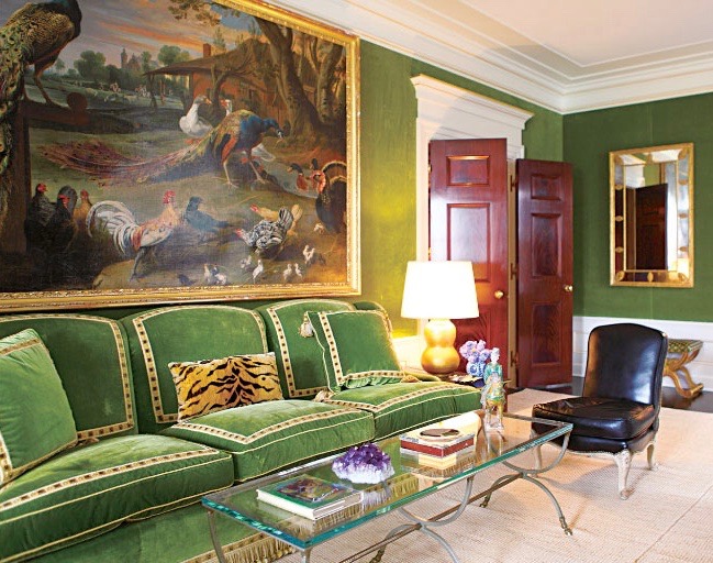 Tory Burch New York Apartment Green Velvet Walls Living Room Sofa