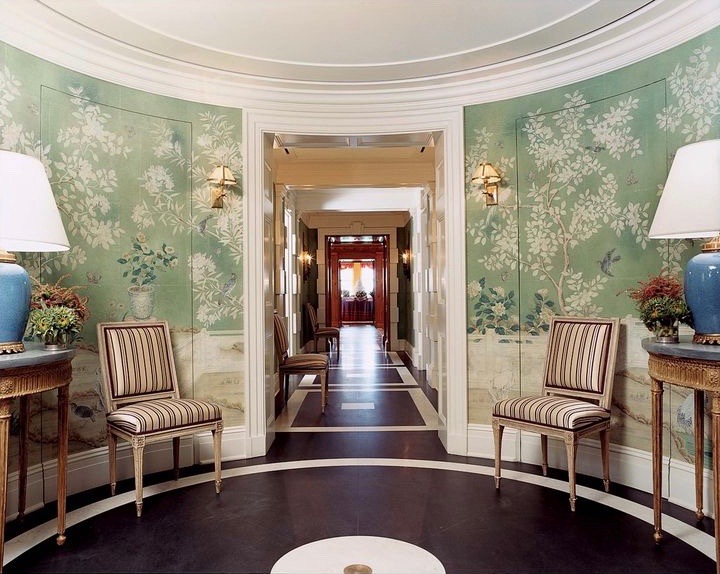 Tory Burch New York Apartment Home Foyer Chinoiserie Wallpaper Gracie Studio de Gournay Entry Blue The Pierre