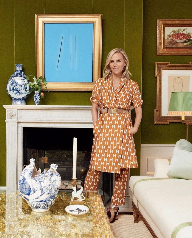 Tory Burch at Home in New York City Green Velvet Walls Fireplace