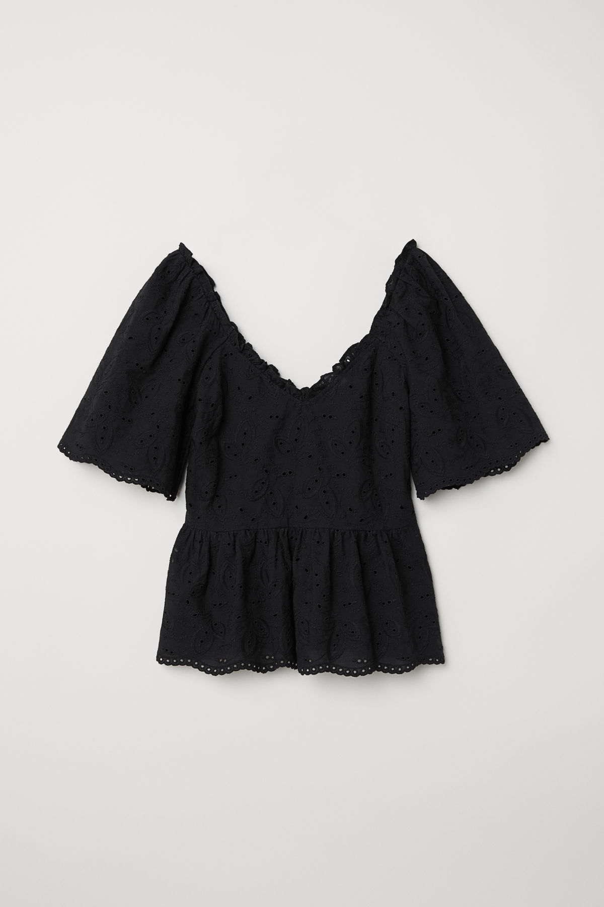 Black Embroidered Eyelet Ruffle Top