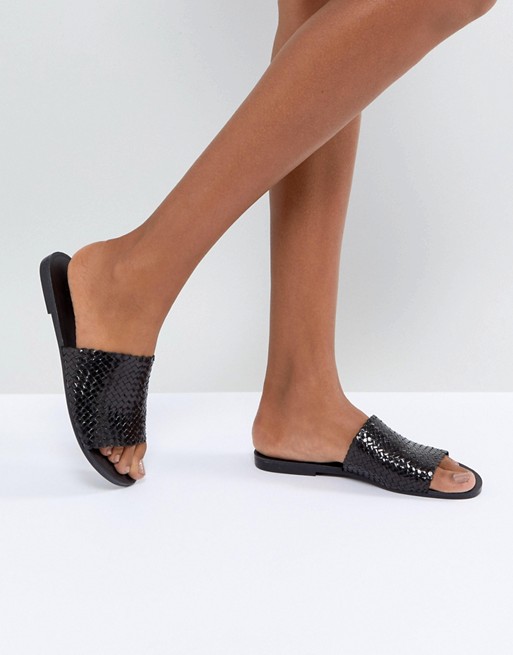 Black Woven Leather Slide Sandals 