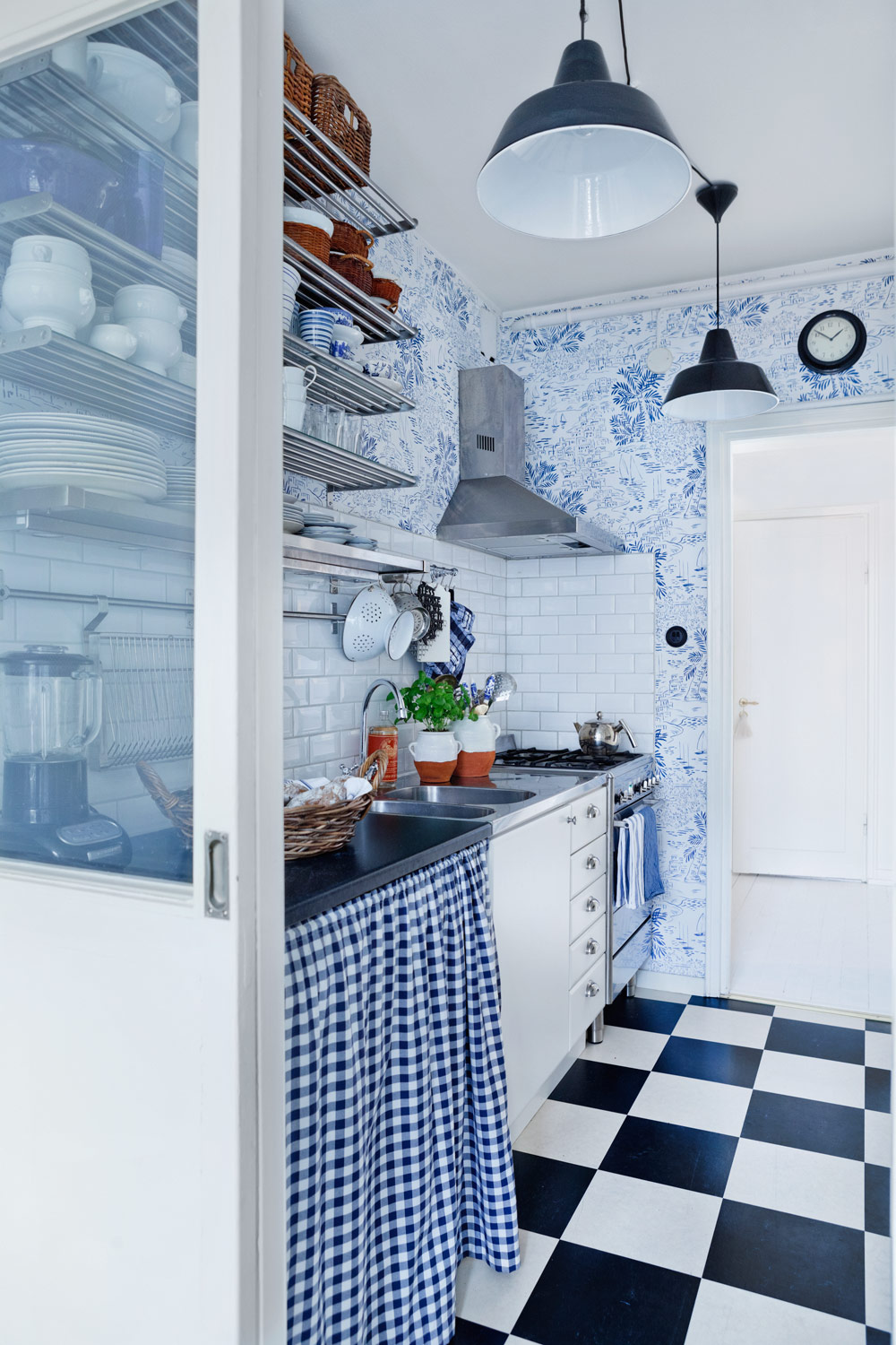 Blue Gingham Kitchen Skirt White Subway Tiles Checkerboard Floors