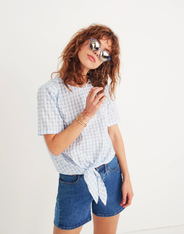 Gingham Button-Back Tie Front Top