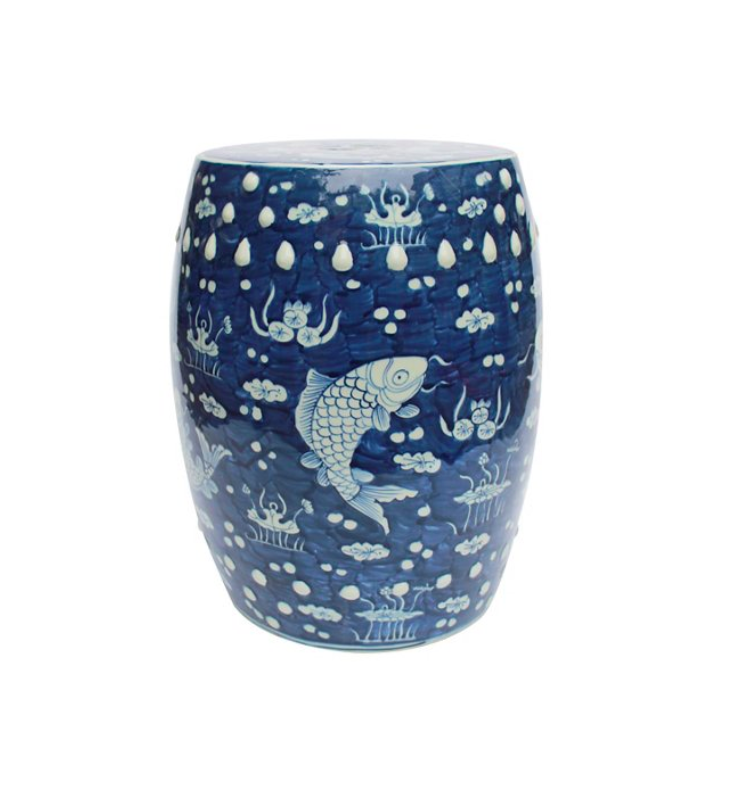 Blue and White Ceramic Garden Stool, Asian Fish Motif