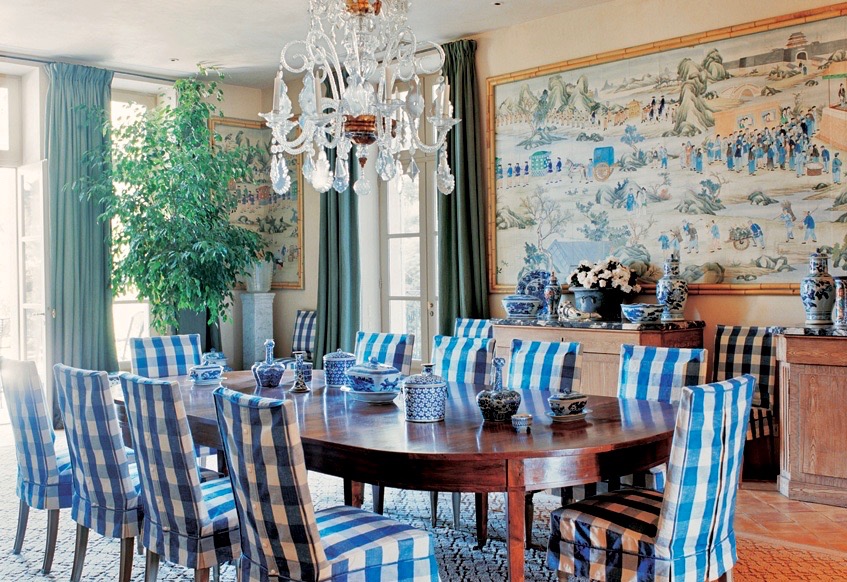 Blue Gingham Slipcovered Dining Chairs Room by Bunny Williams Chandelier