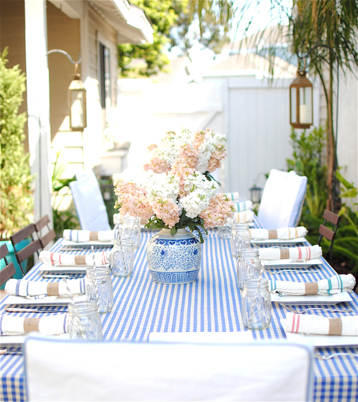 Blue Gingham Tablecloth Outdoor Party Ginger Jar Centerpiece