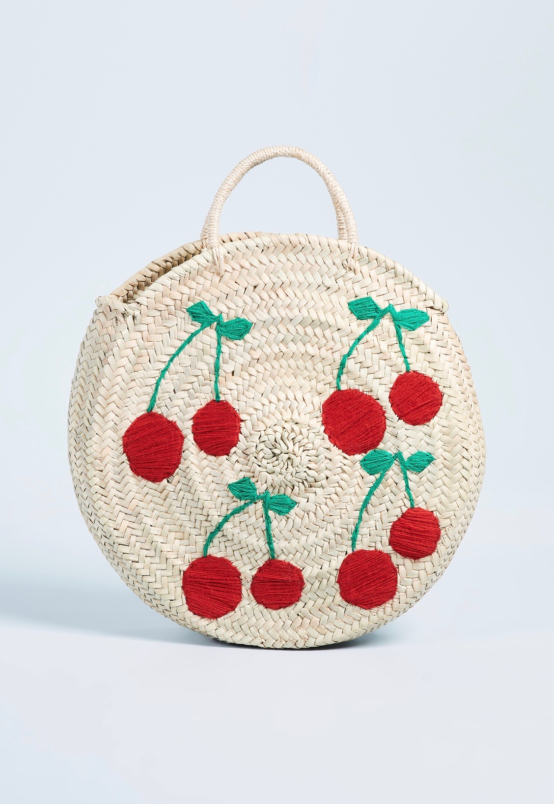 Round Straw Tote Bag with Cherries