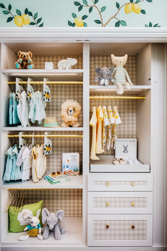 De Gournay Lemon Wallpaper and Gingham Closet in a Nursery by Dina Bandman for the 2018 San Francisco Decorator Showcase
