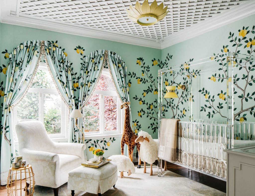 De Gournay Lemon Wallpaper and an Acrylic Crib in a Nursery by Dina Bandman for the 2018 San Francisco Decorator Showcase