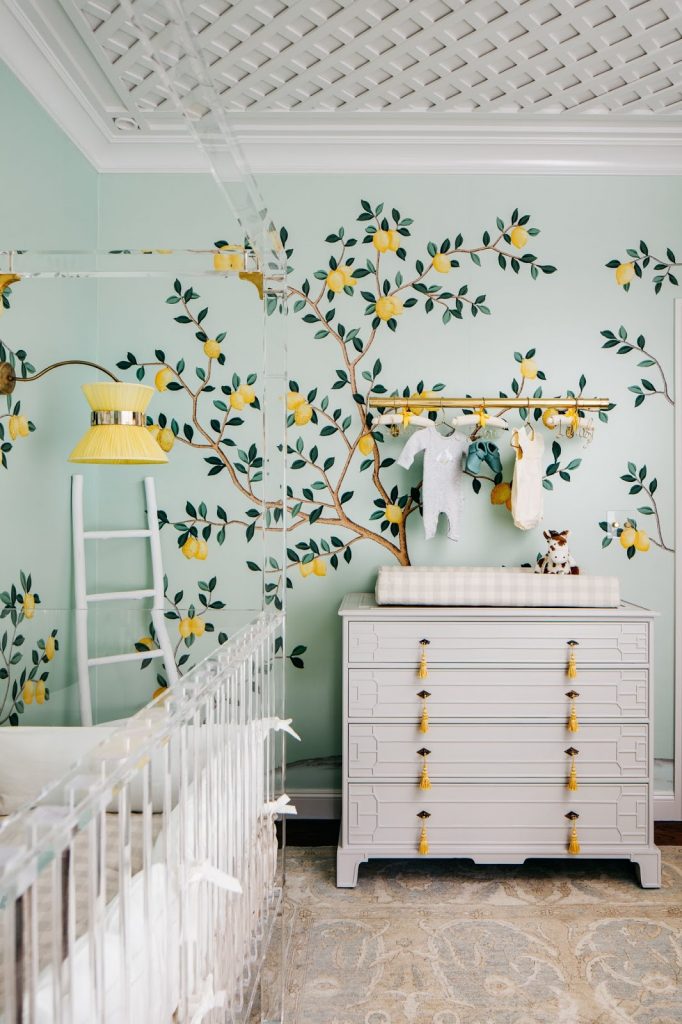 De Gournay Lemon Wallpaper, Trellis Ceiling, and an Acrylic Crib in a Nursery by Dina Bandman for the 2018 San Francisco Decorator Showcase