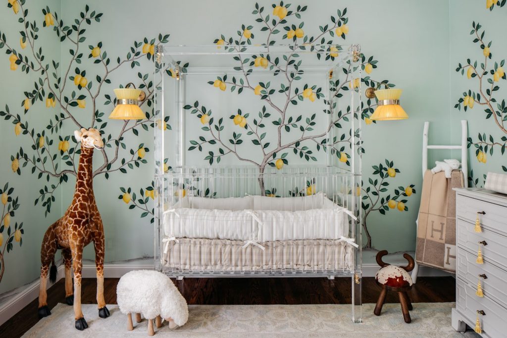 De Gournay Lemon Wallpaper and an Acrylic Crib in a Nursery by Dina Bandman for the 2018 San Francisco Decorator Showcase