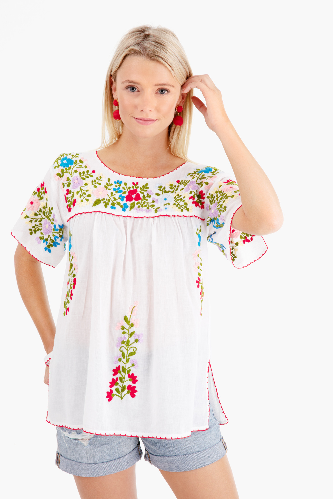 Mexican Floral Embroidered Top White Red Blue Green Women's