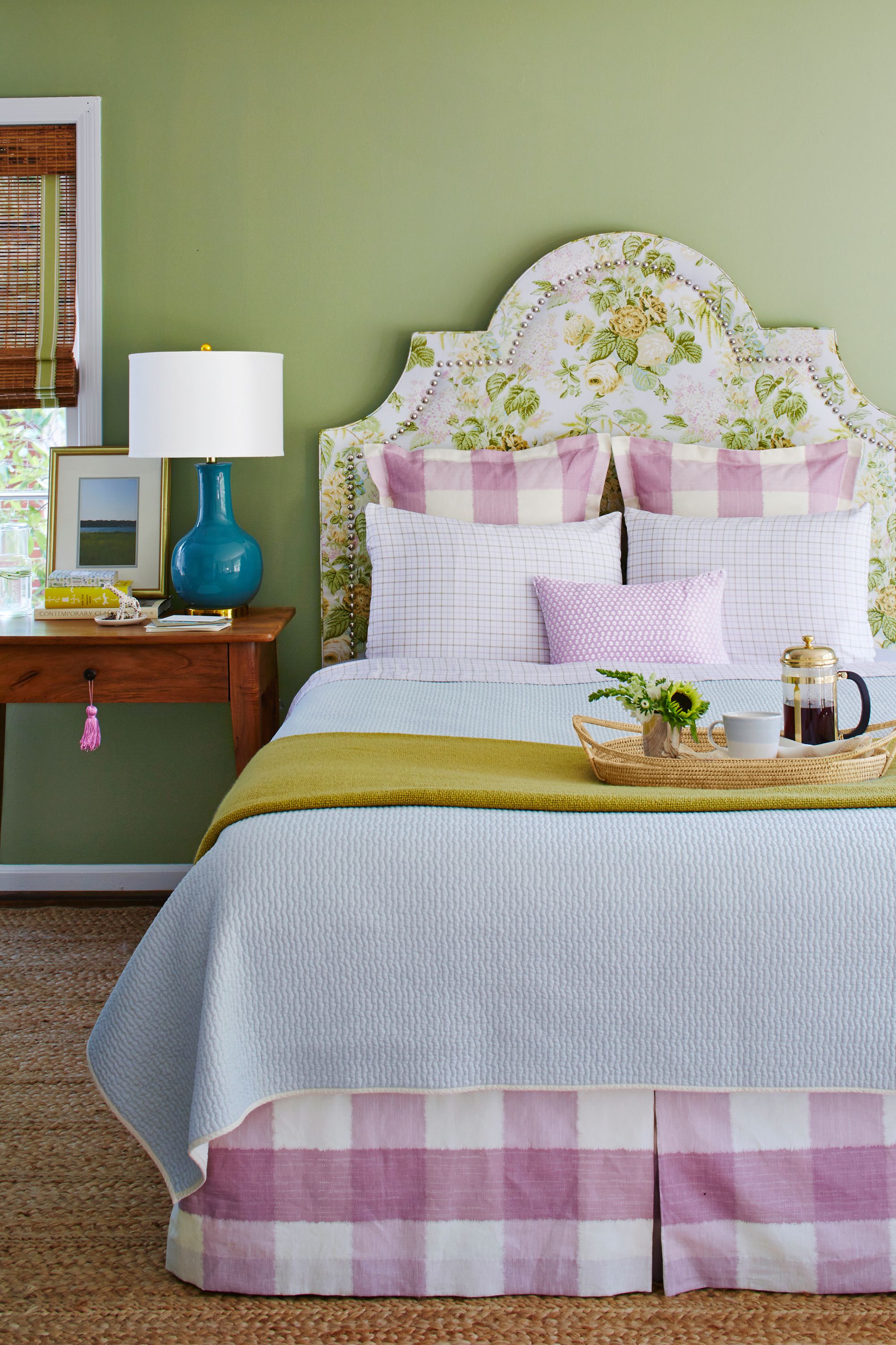 Floral Upholstered Headboard Green Bedroom Walls Gingham Euro Shams Bedskirt