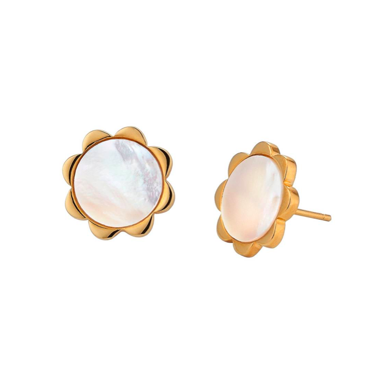 Flower Mother of Pearl Yellow Gold Stud Earrings