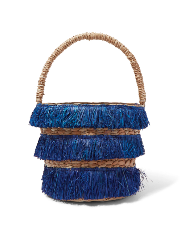 Blue Fringe Straw Round Bucket Bag 