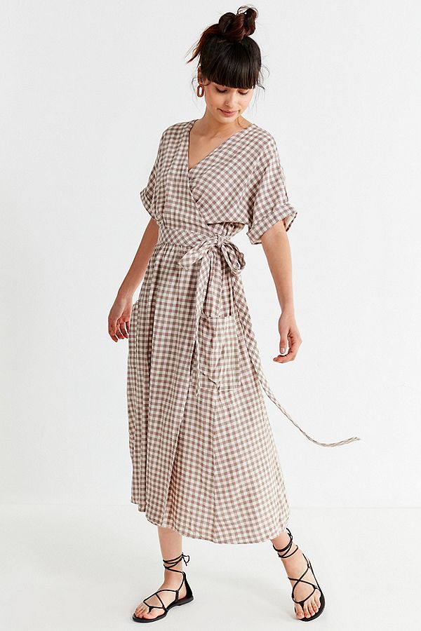 Gingham Linen Midi Wrap Dress