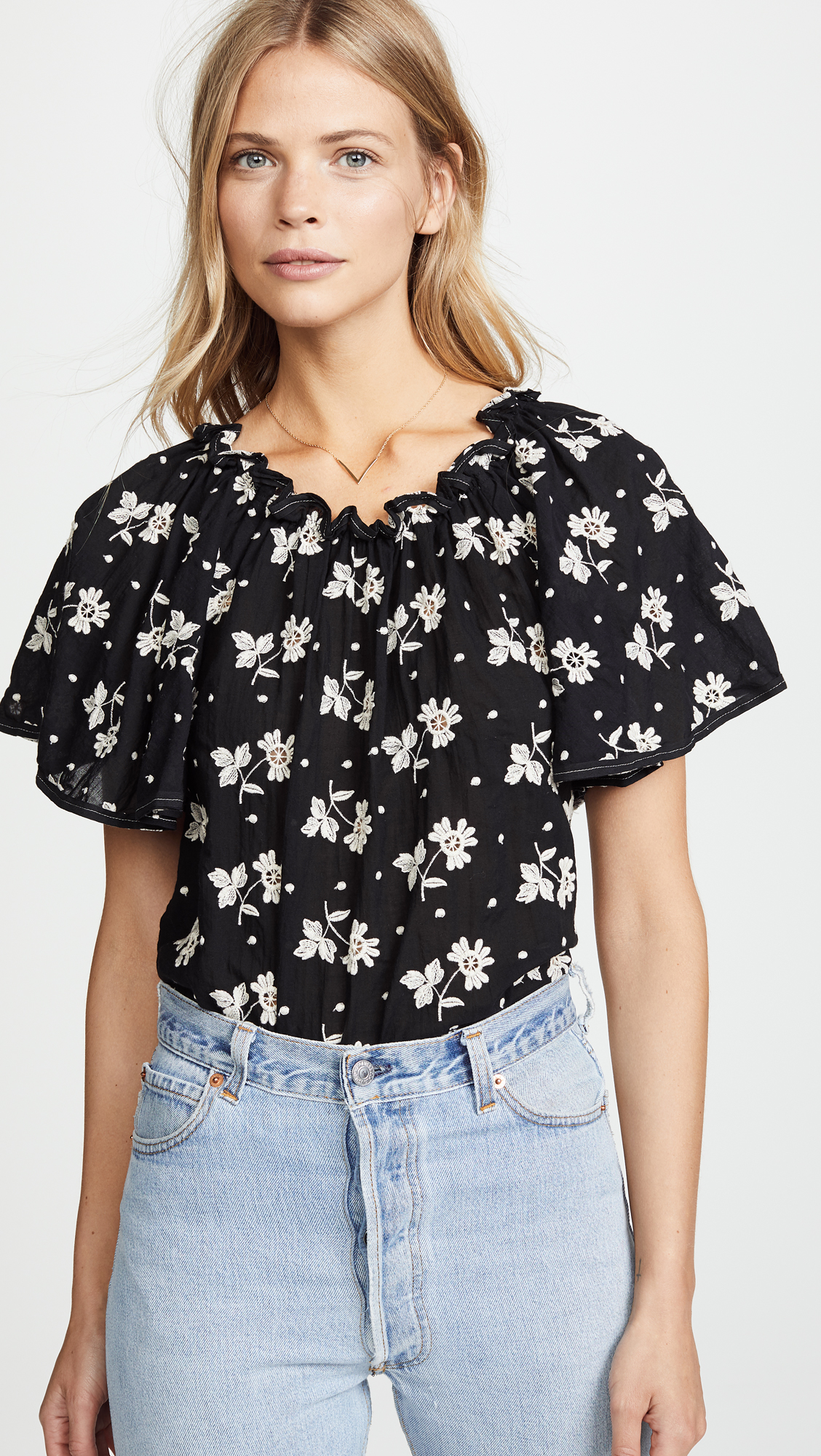 Black Ruffle Top with Embroidered White Flowers
