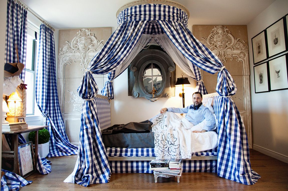 Antique Louis XVI Bed with Gingham Canopy in the New York Apartment of Hervé Pierre