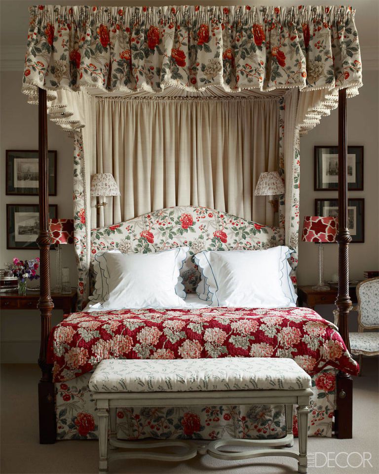 Jemma Kid Bedroom Chintz Canopy Bed Red Floral Scalloped Shams