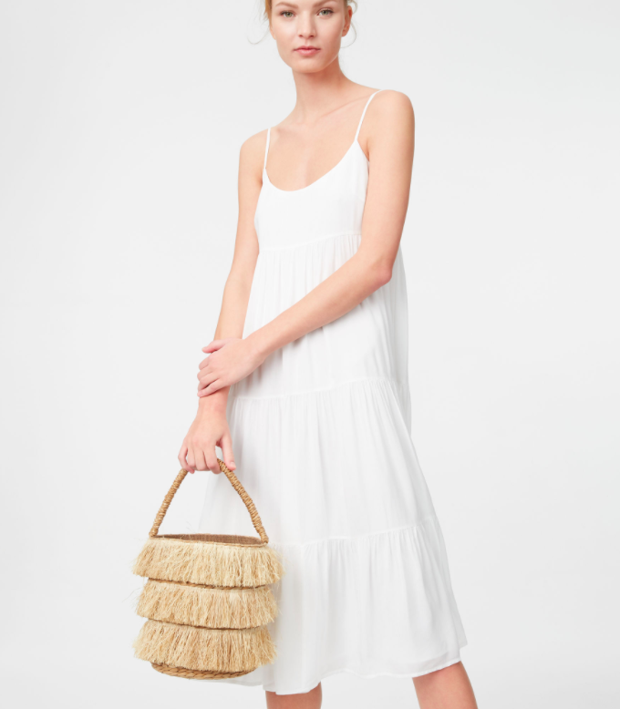 White Tiered Dress and Raffia Fringe Bucket Bag