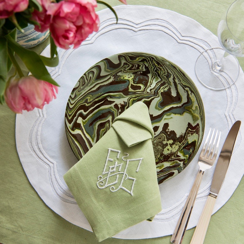 Green Marbled Plate French Pottery La Tuile à Loup Ceramics Round Scalloped Placemat Table Setting Paris