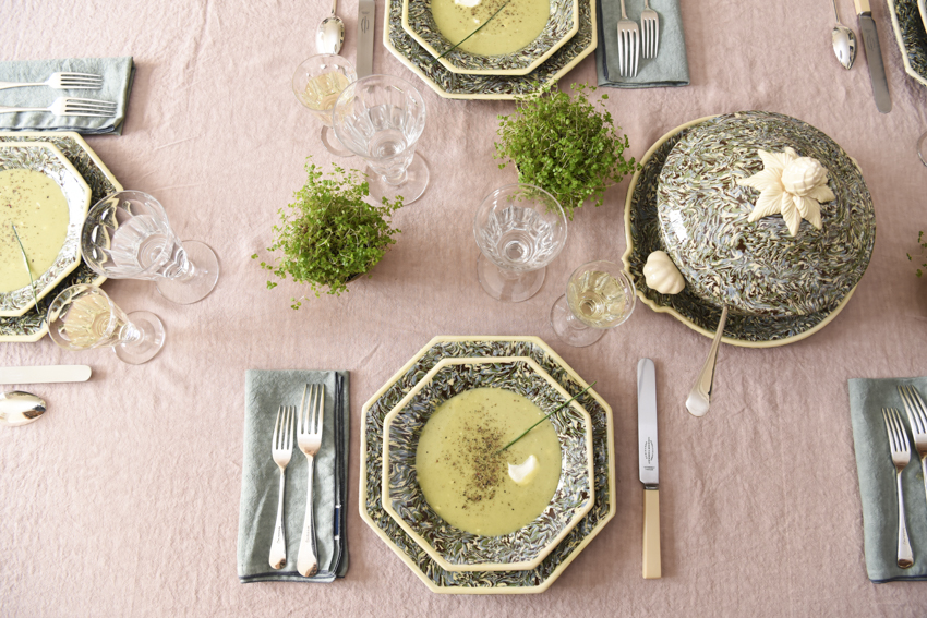 Marbled Plate French Pottery La Tuile à Loup Ceramics Table Setting Paris Pink Linen Tablecloth