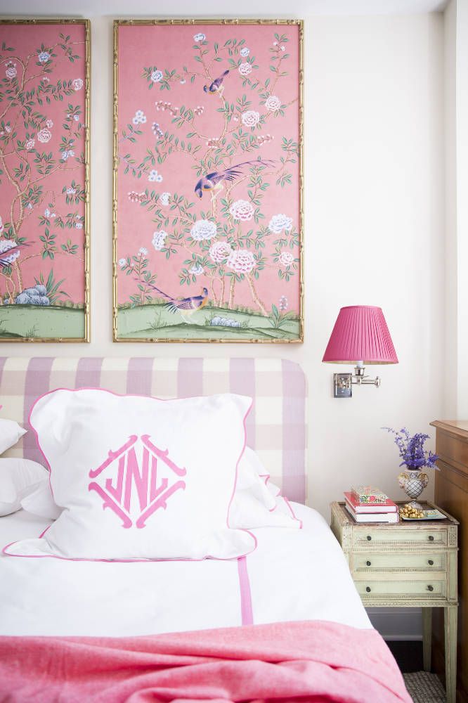 Lavender Gingham Headboard in a Bedroom Designed by Nick Olsen with Pink Chinoiserie Wallpaper Panels and Monogrammed Linens
