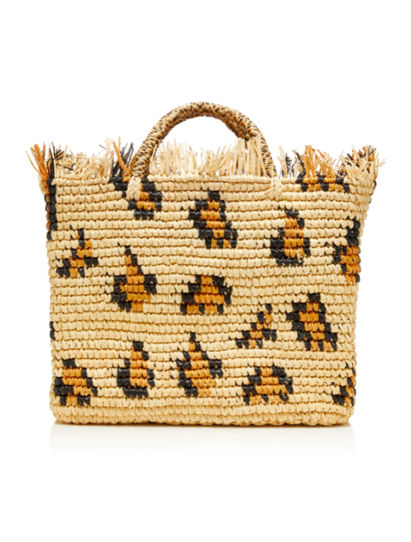 Leopard Print Straw Tote Bag with Frayed Top