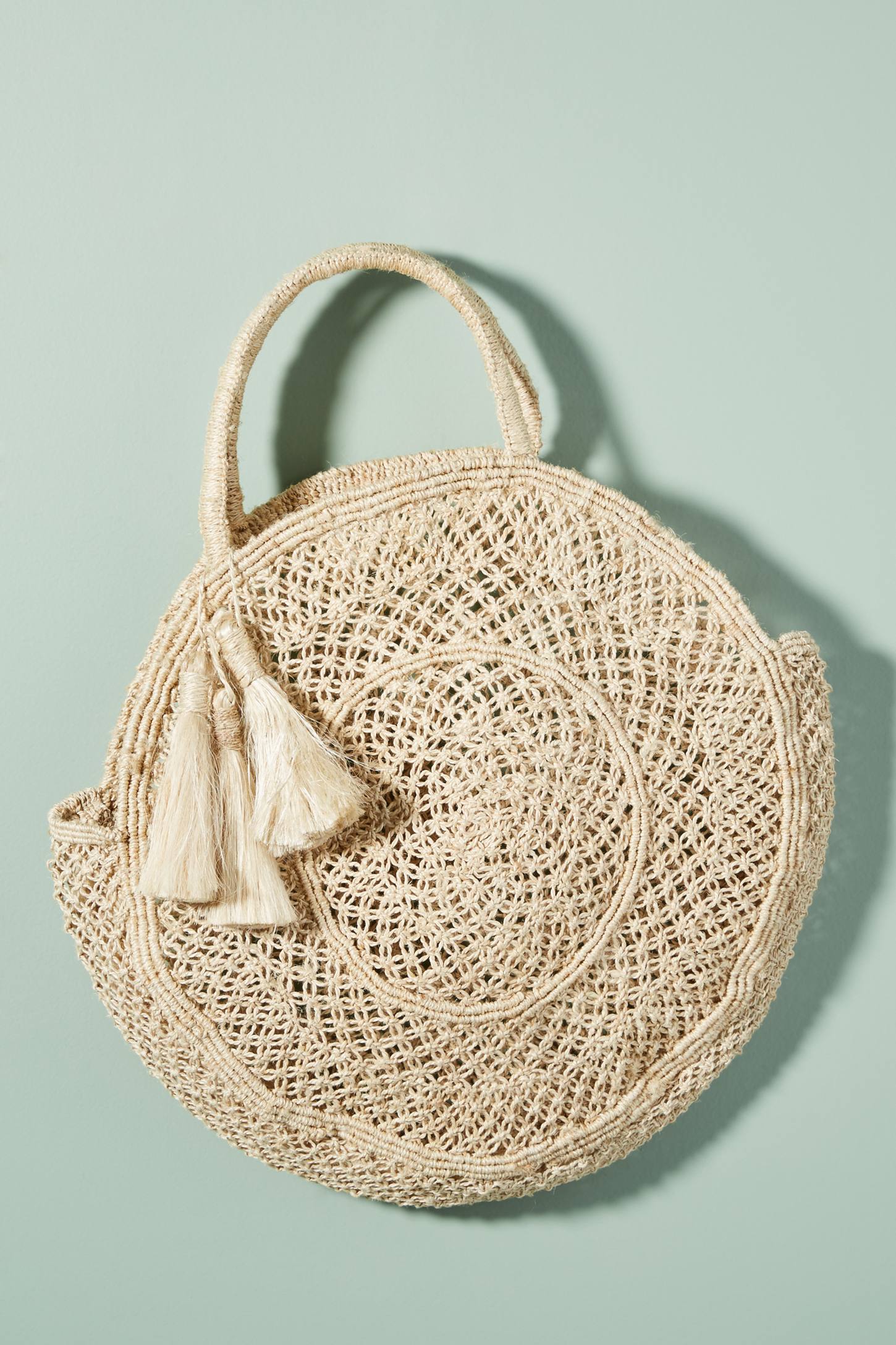 Round Woven Straw Tote Bag with Tassels