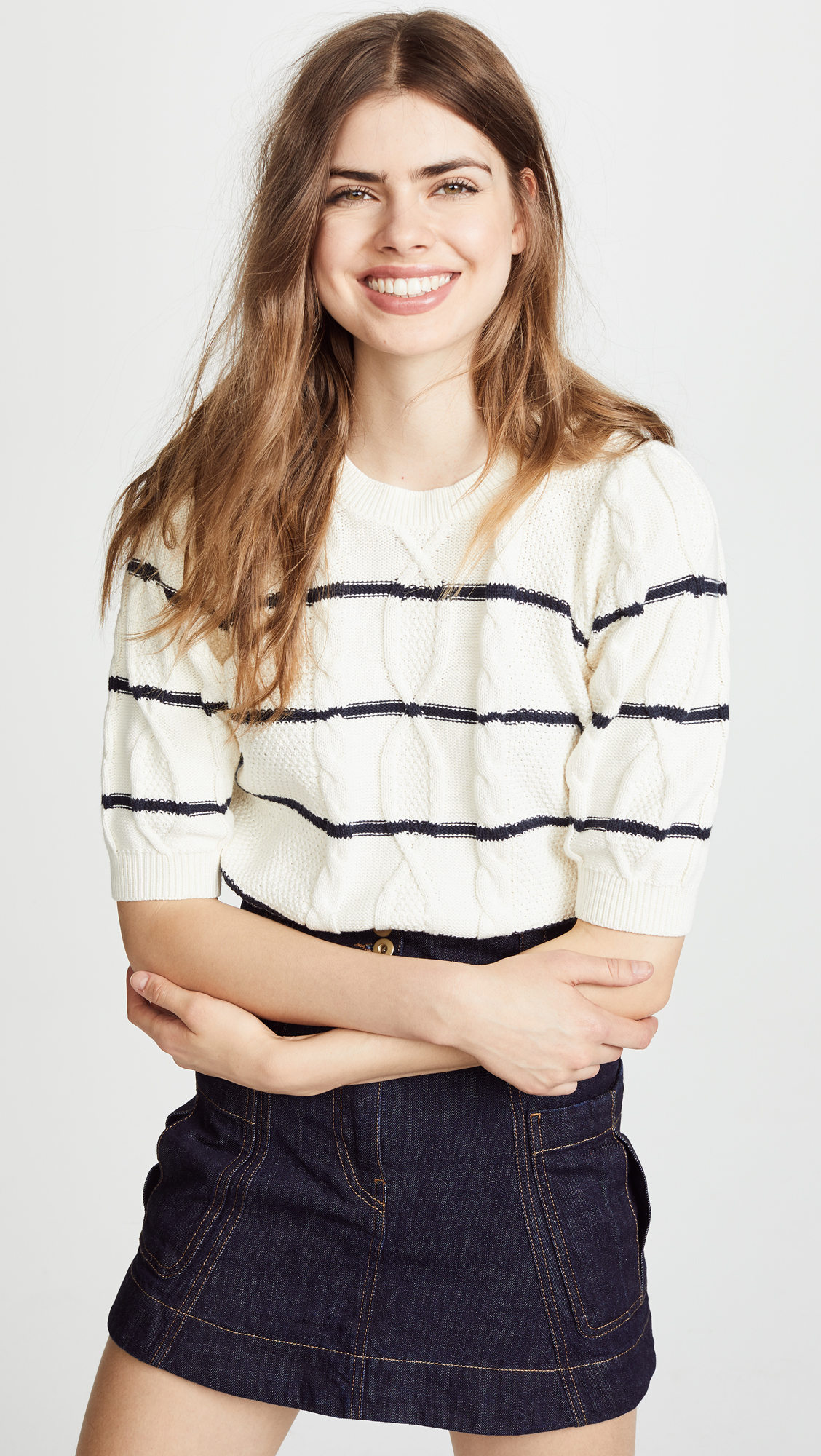 Short Sleeve Stripe Cable Knit Sweater