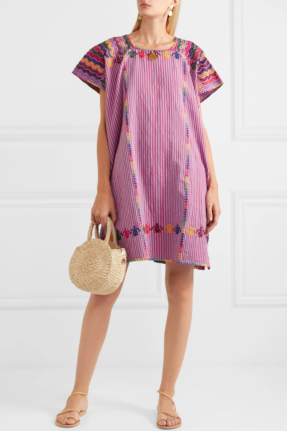Pippa Holt Embroidered Stripe Cotton Caftan Mexican Dress