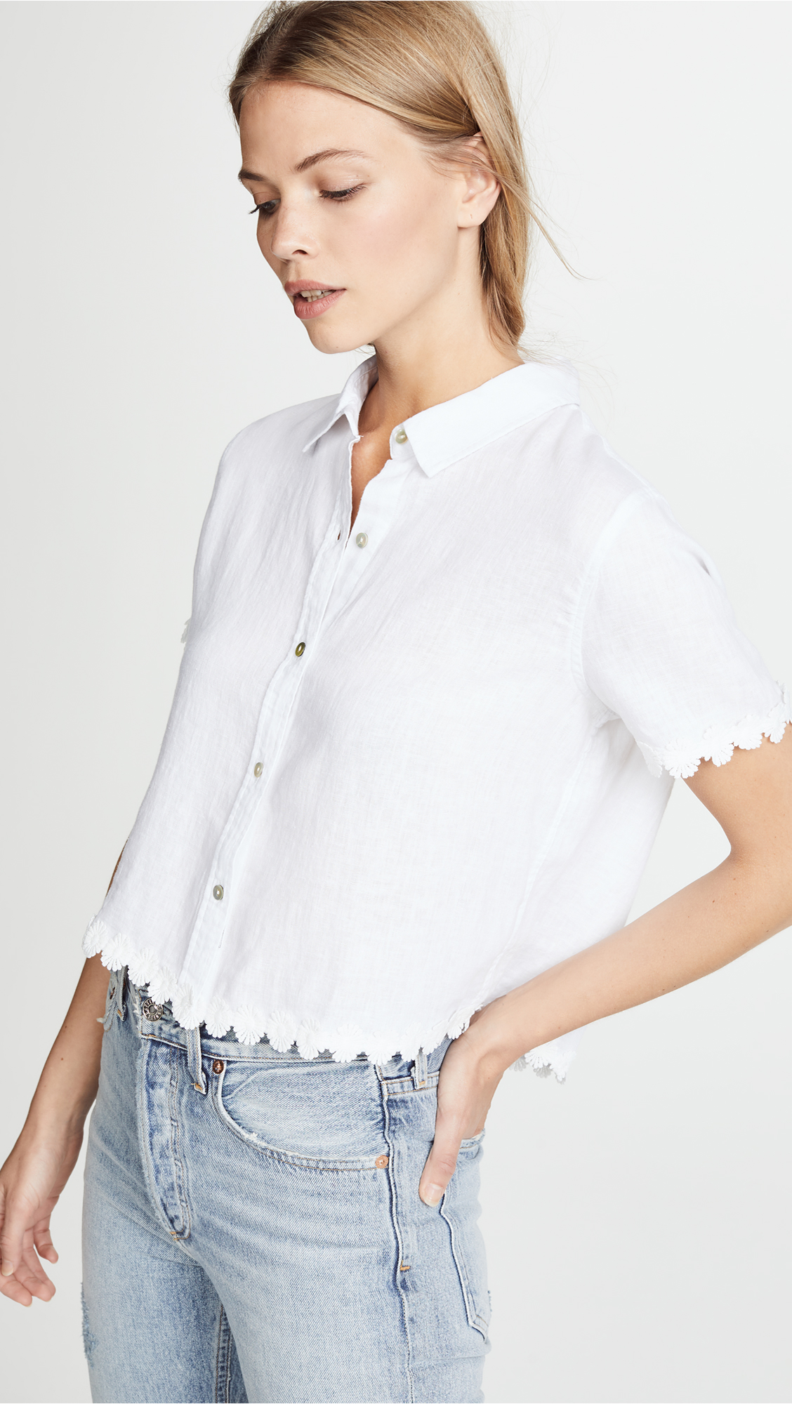 White Short-Sleeve Button Down Shirt with Scalloped Lace Trim