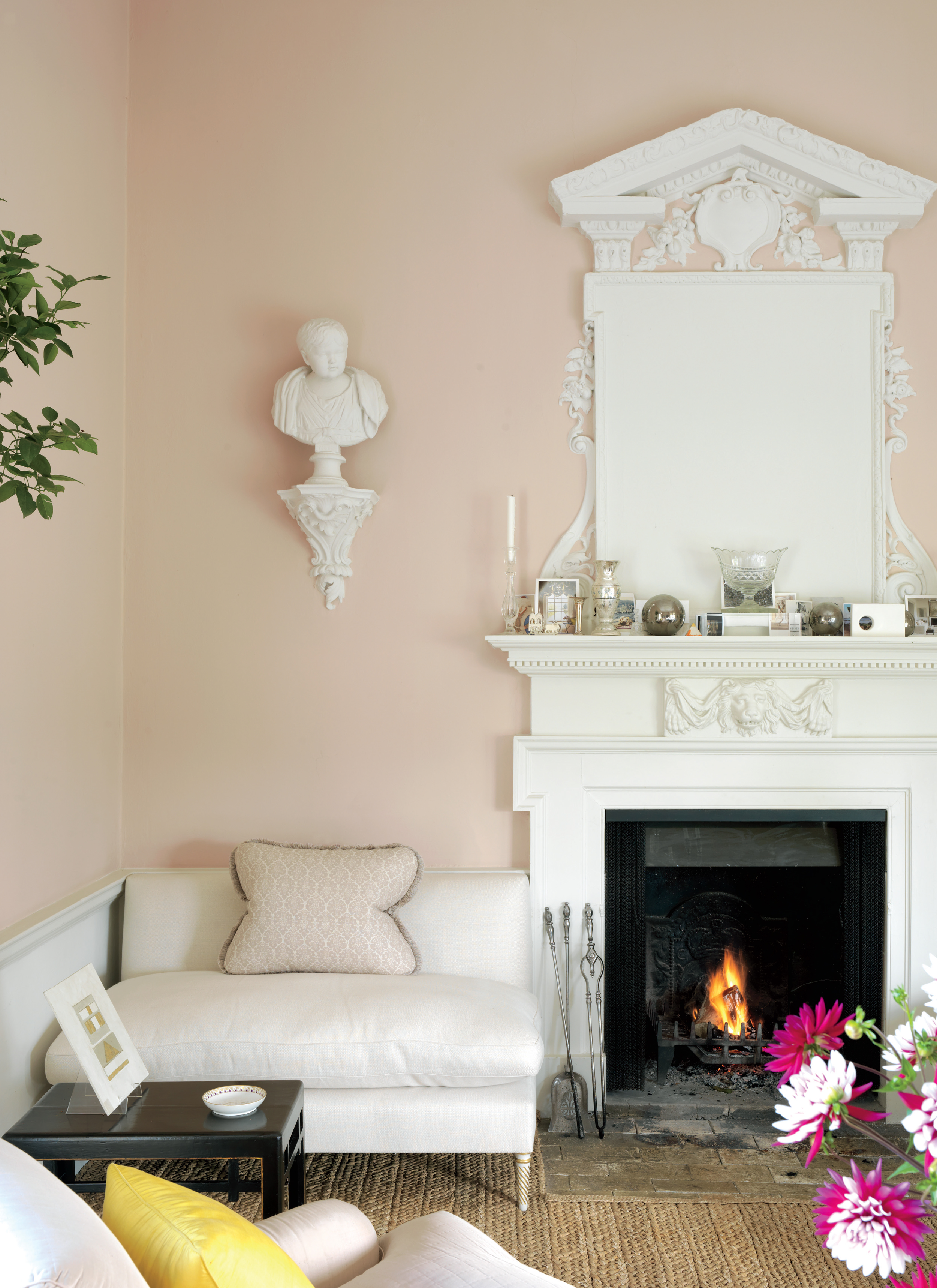 Pale Pink Walls in Veere Grenney's Country Home Sisal Carpet Fireplace Mantle 