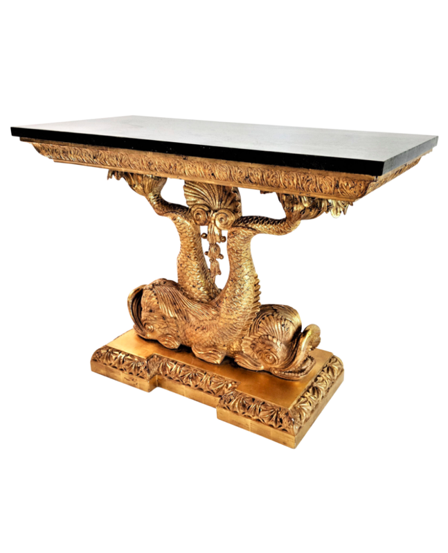 Vintage Koi Fish Dolphin Gold Console Table with Marble Top