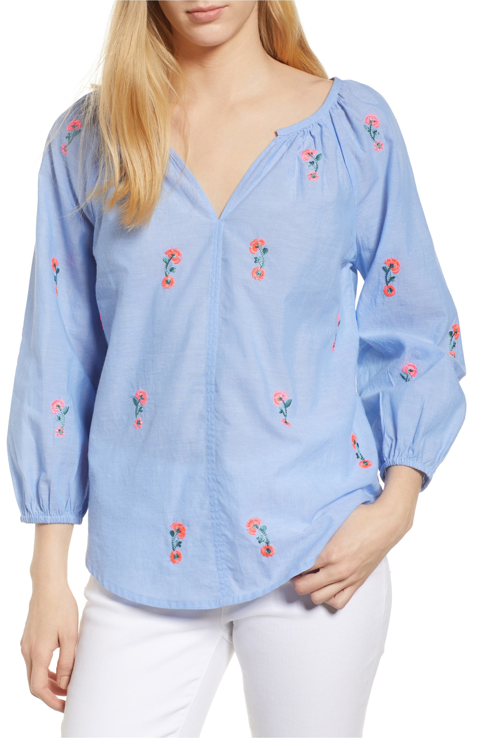 Blue Embroidered Cotton Peasant Blouse Floral