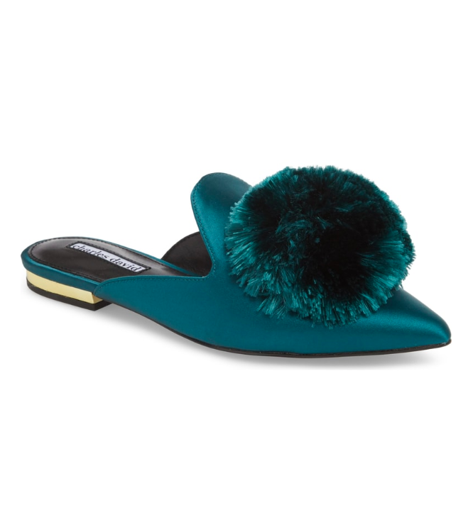 Turquoise Blue Pom Pom Pointed Loafer Mule