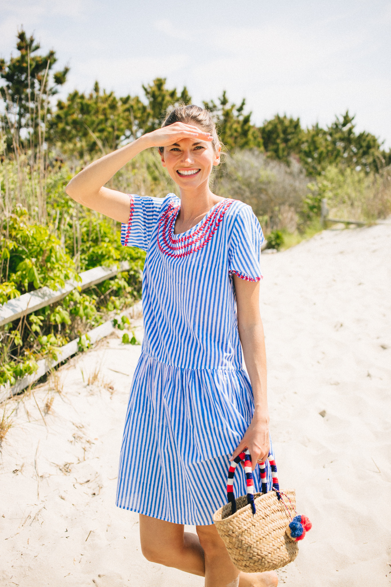 Blue and White Stripe Dress with Red Embroidery