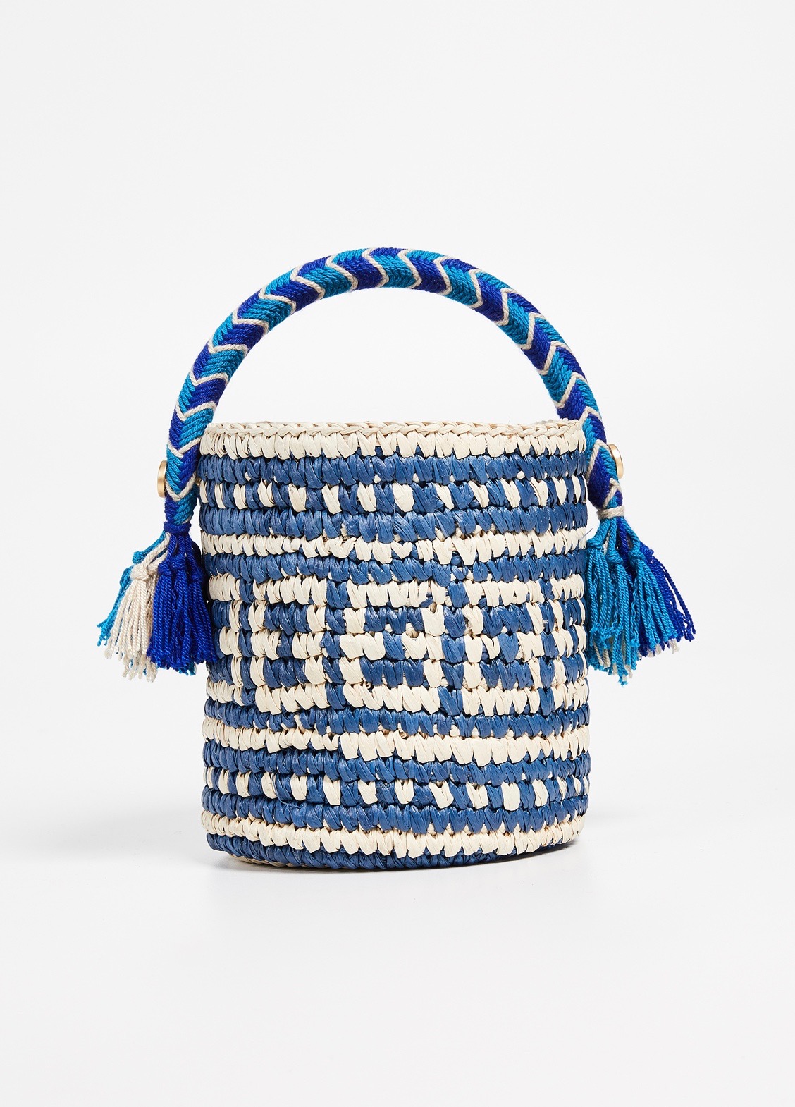 Blue Woven Straw Bucket Bag