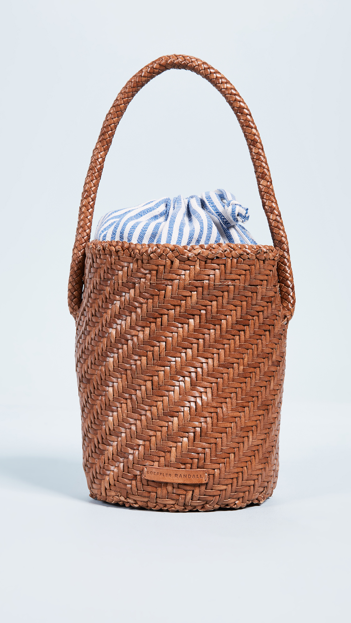 Woven Leather Bucket Bag with Stripe Lining