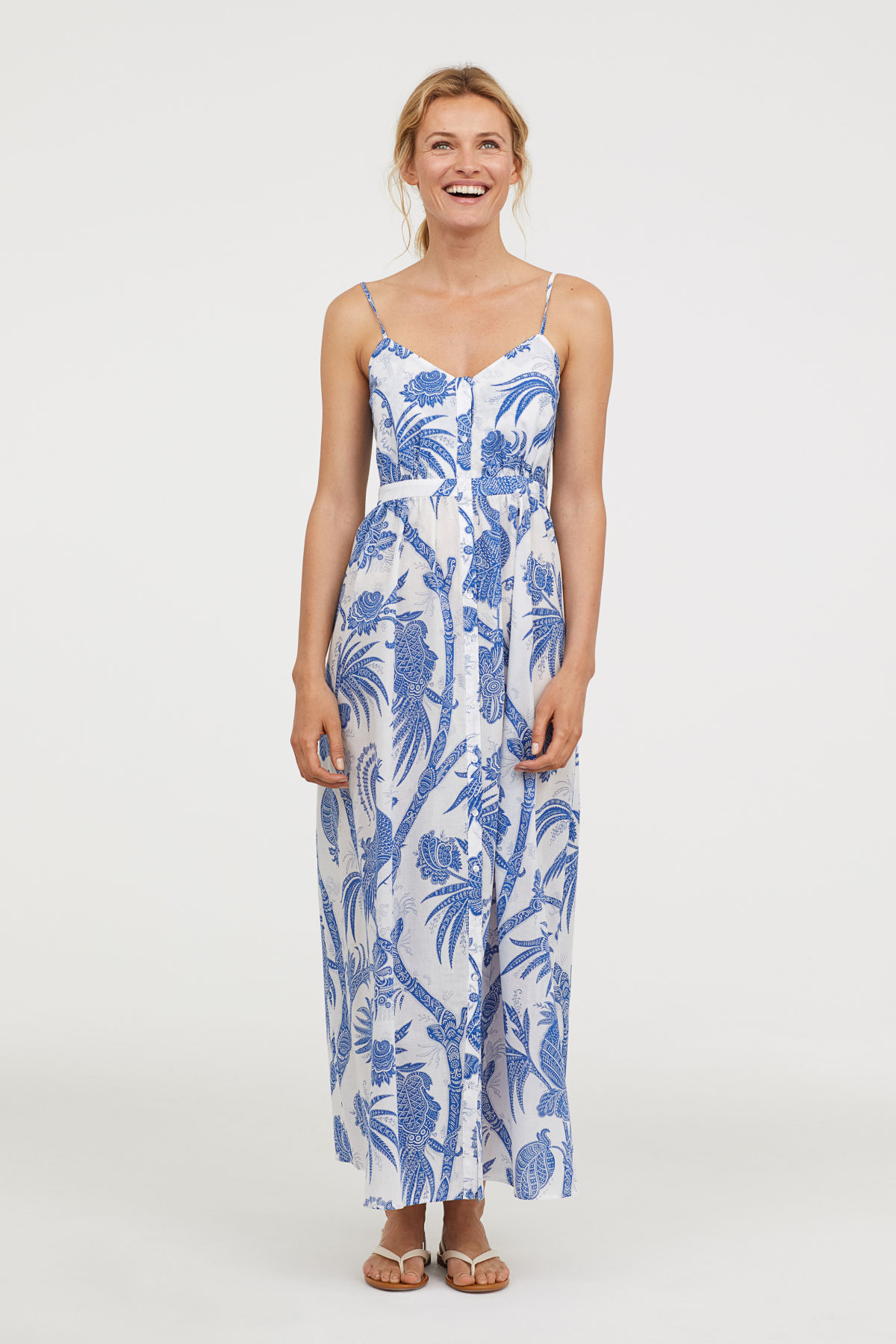 Blue and White Cotton Floral Maxi Dress