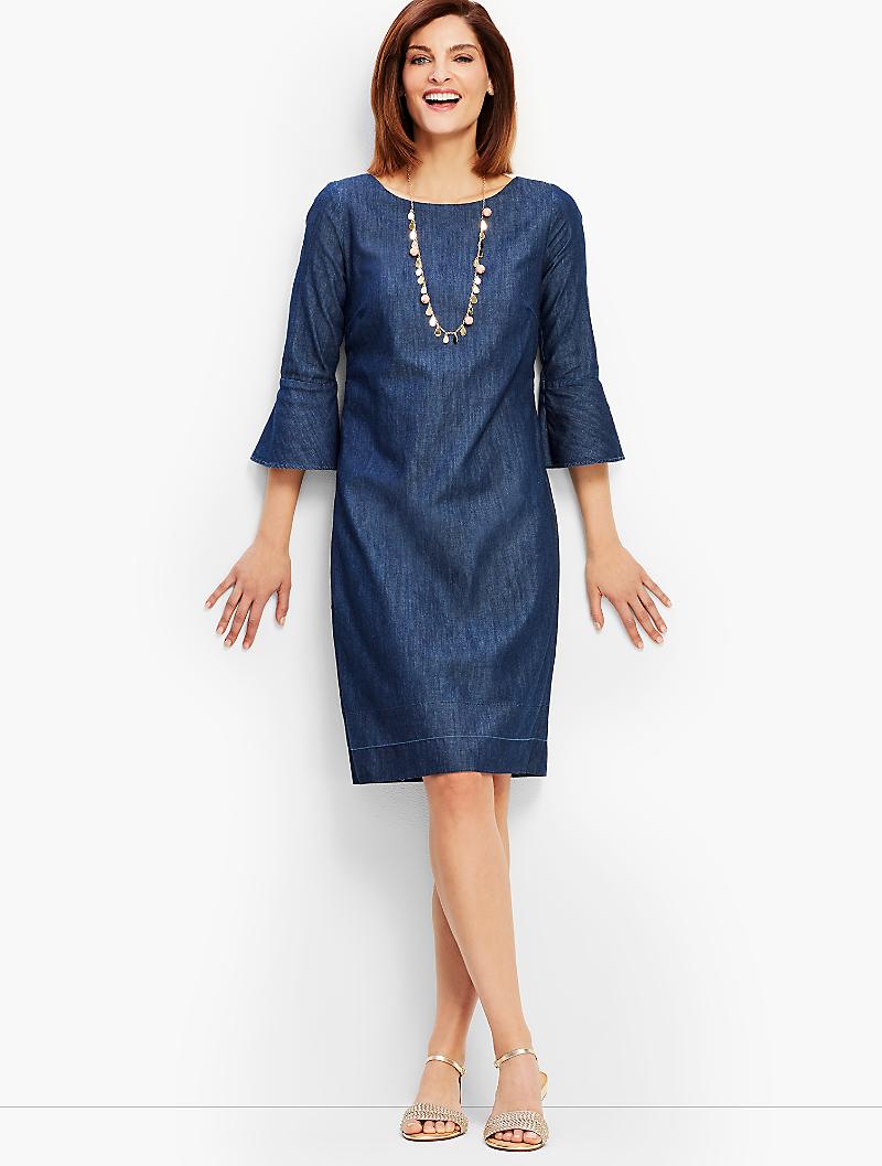 Denim Shift Dress with Bell Sleeves