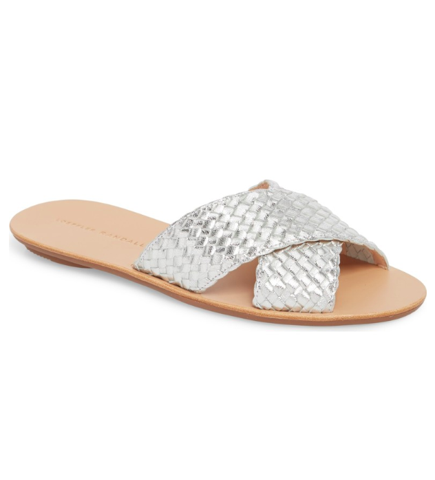 Metallic Silver Leather Woven Slide Sandals