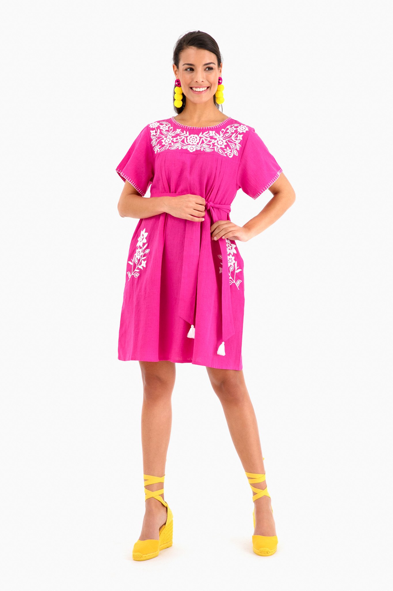 Pink Mexican Dress with White Embroidery and Yellow Espadrilles