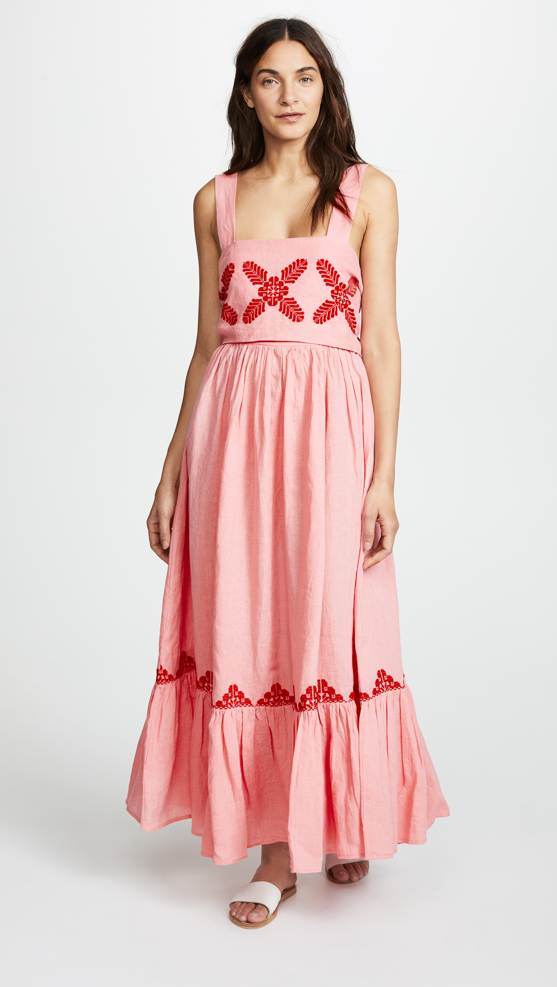 Pink Maxi Dress with Red Embroidery