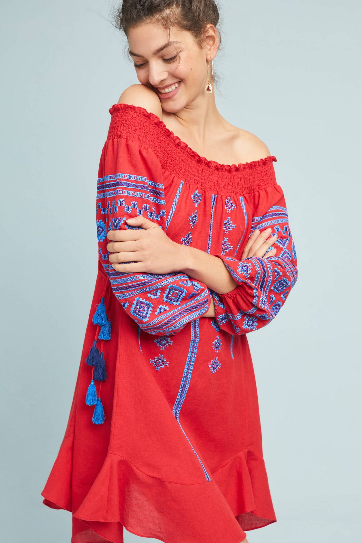Red Off-the-Shoulder Peasant Dress Bohemian Blue Embroidered