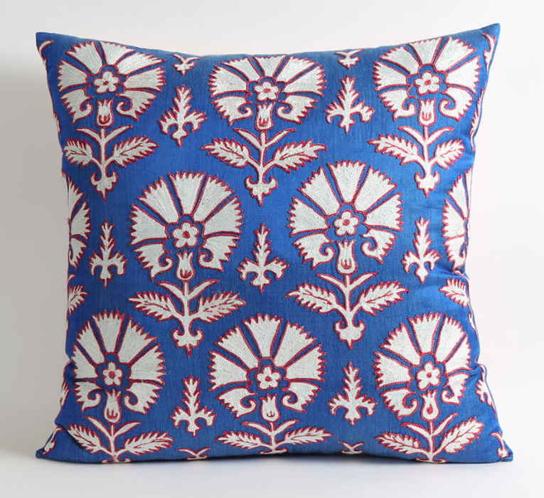 Blue Red Floral Embroidered Suzani Pillows Carnation Print