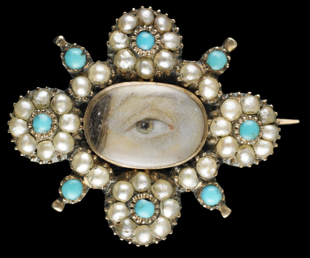 Lover's eye brooch with pearls and turquoise antique jewelry