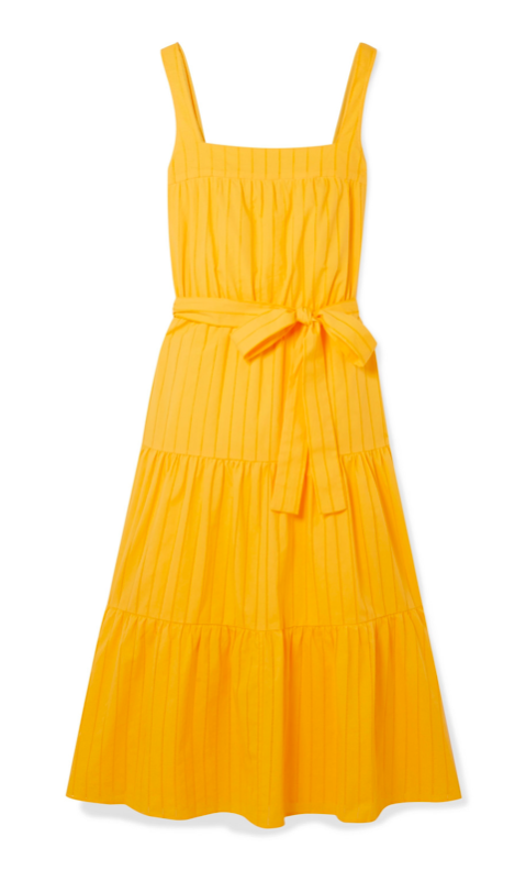 Yellow Tiered Midi Dress with Tie Waist