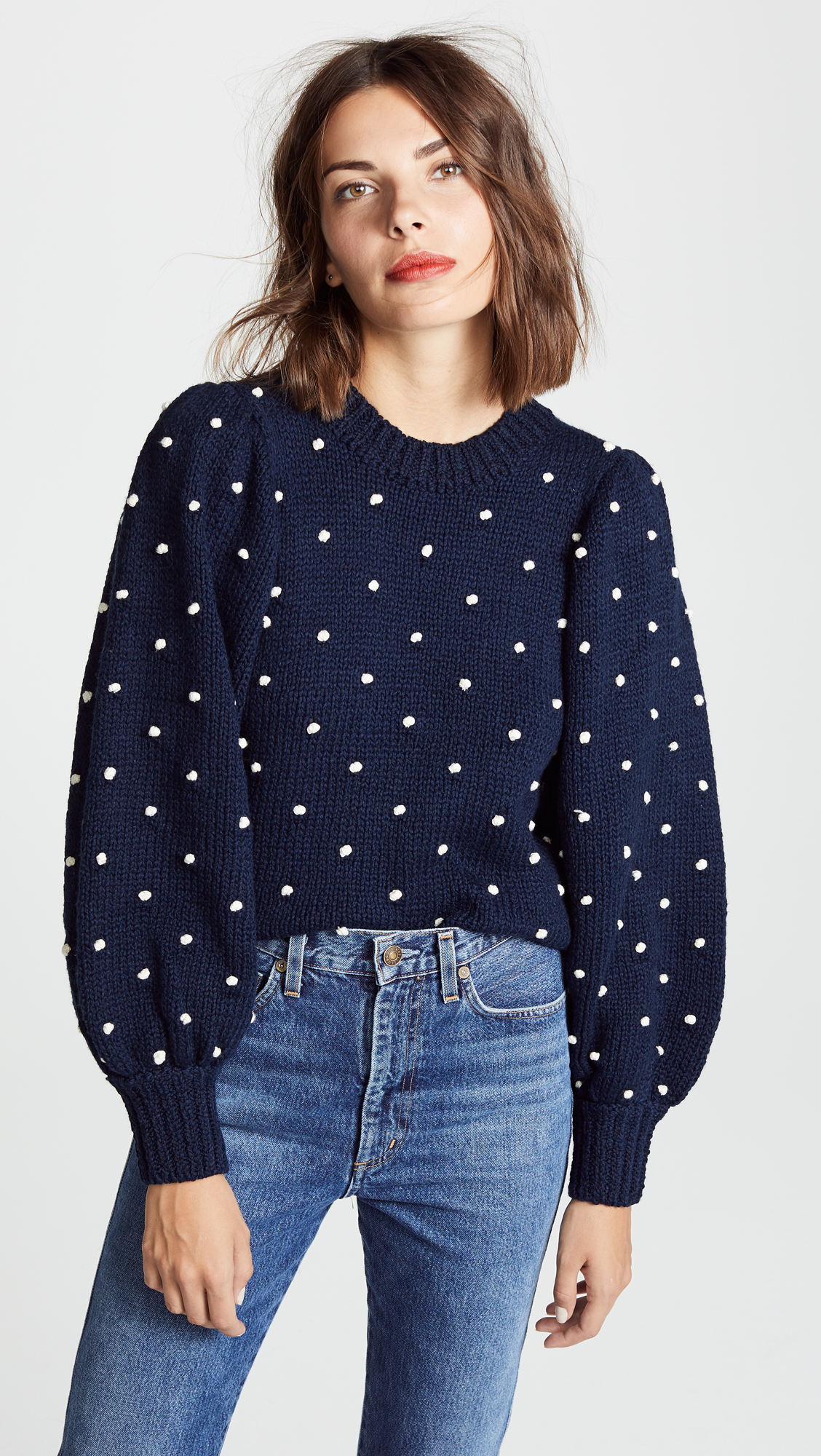 Navy Blue Polka Dot Embroidered Sweater