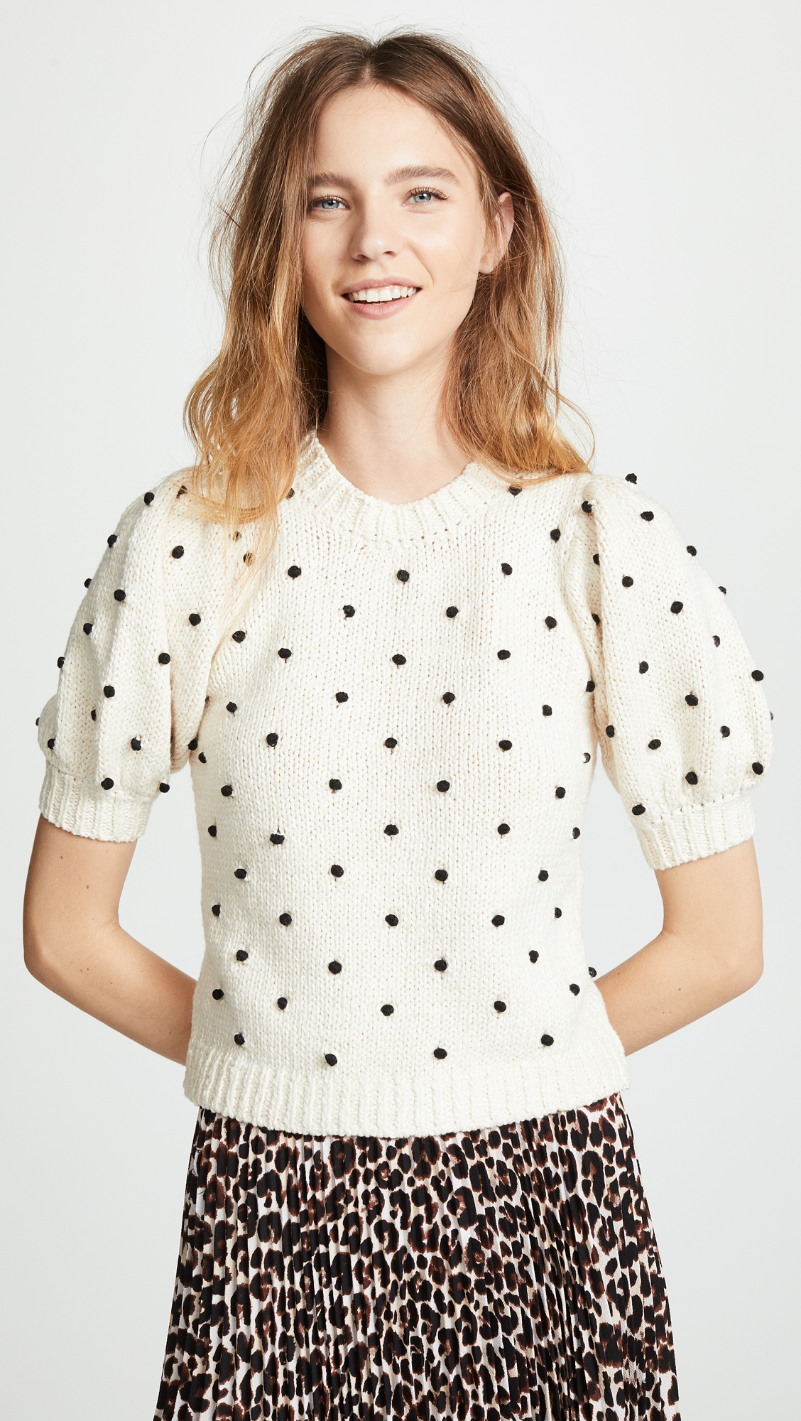 Polka Dot Embroidered Short Sleeve Sweater Black and White